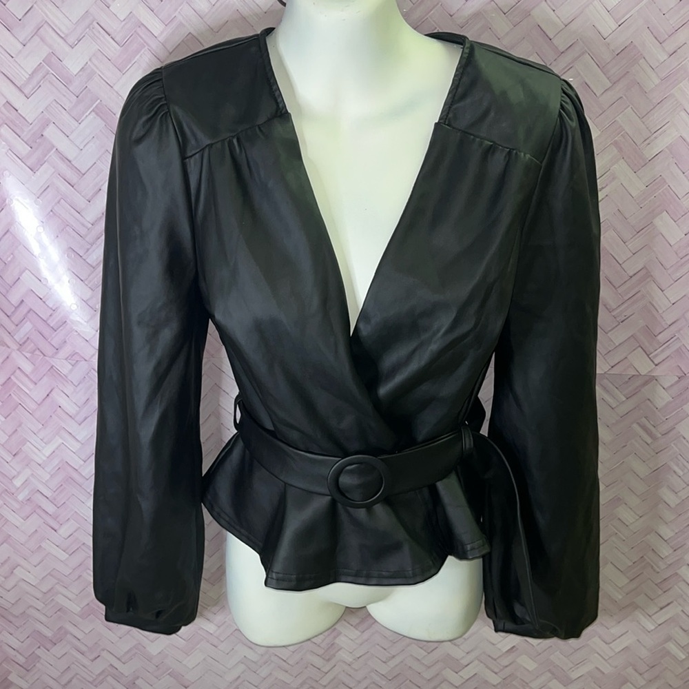PRIVY Privately Privileged Belted Faux Leather black Jacket Size small
